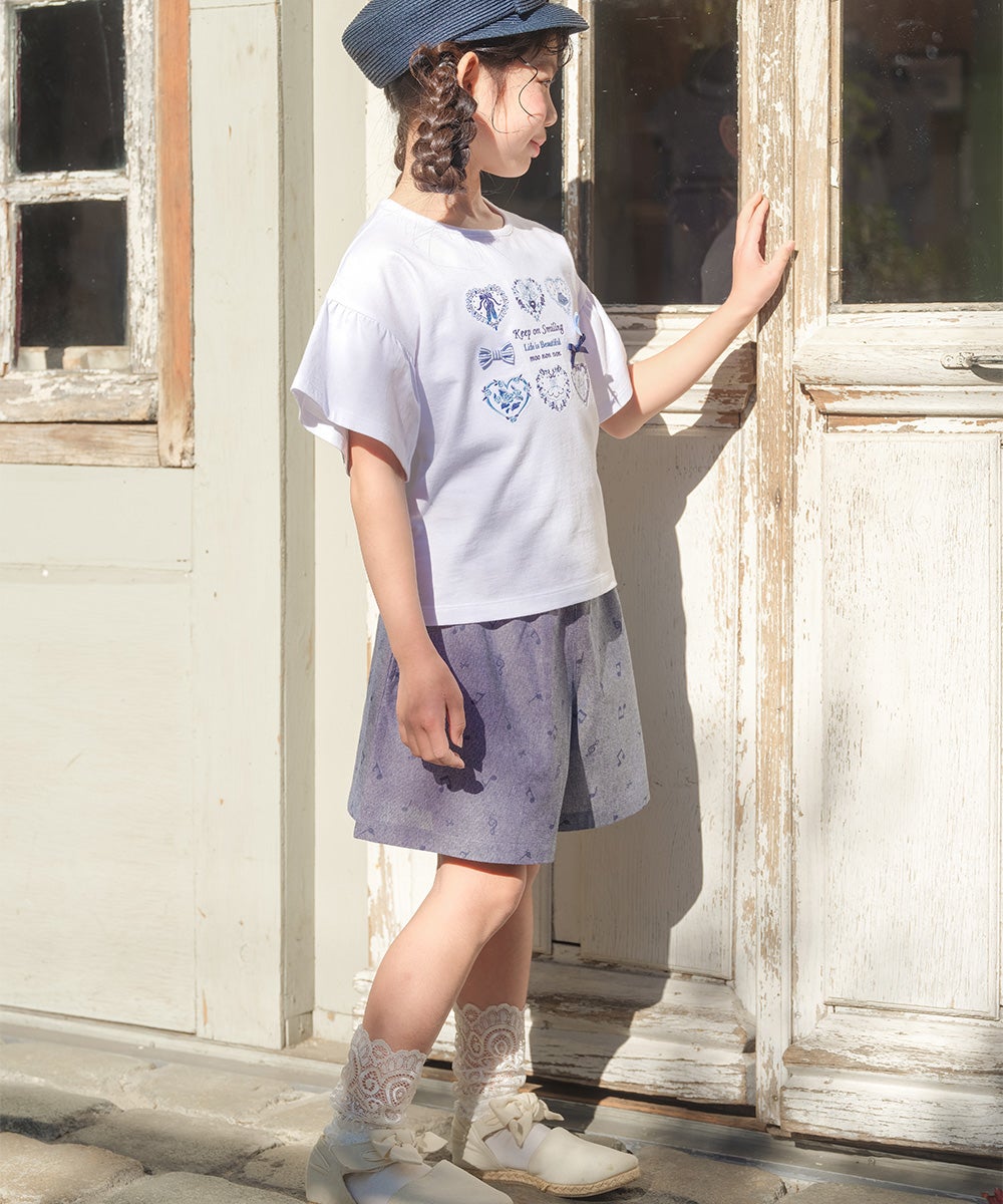 子供服 女の子 子ども服 こども服 キッズ ジュニア 綿100％ ロゴ ハート お花 刺繍 リボン ティーシャツ オフホワイト(11) モデル画像2