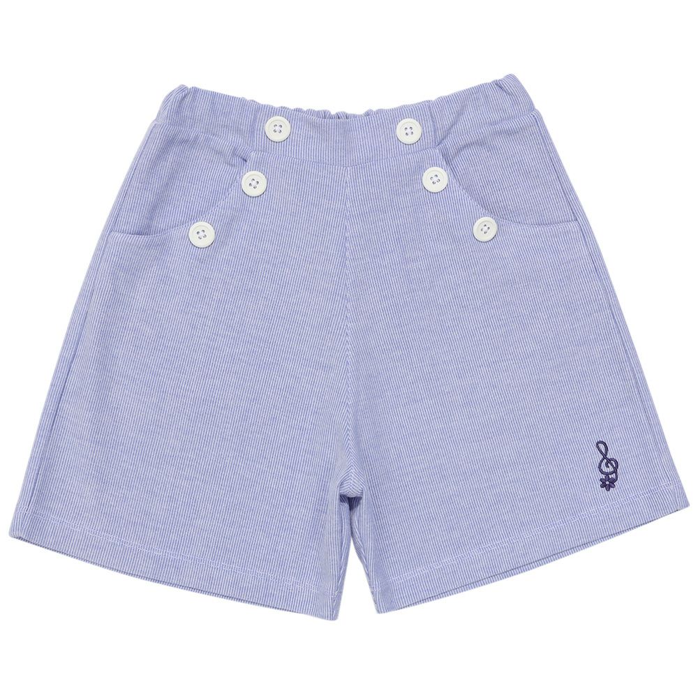 子供服 女の子 ストライプ柄 音符刺繍 ショートパンツ風キュロットパンツ ブルー(61) 正面