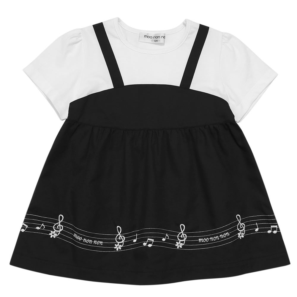 ベビー服 女の子 子ども服 こども服 キッズ 音符 ブランドロゴ 刺繍 重ね着風 ティーシャツ ブラック(00) 正面