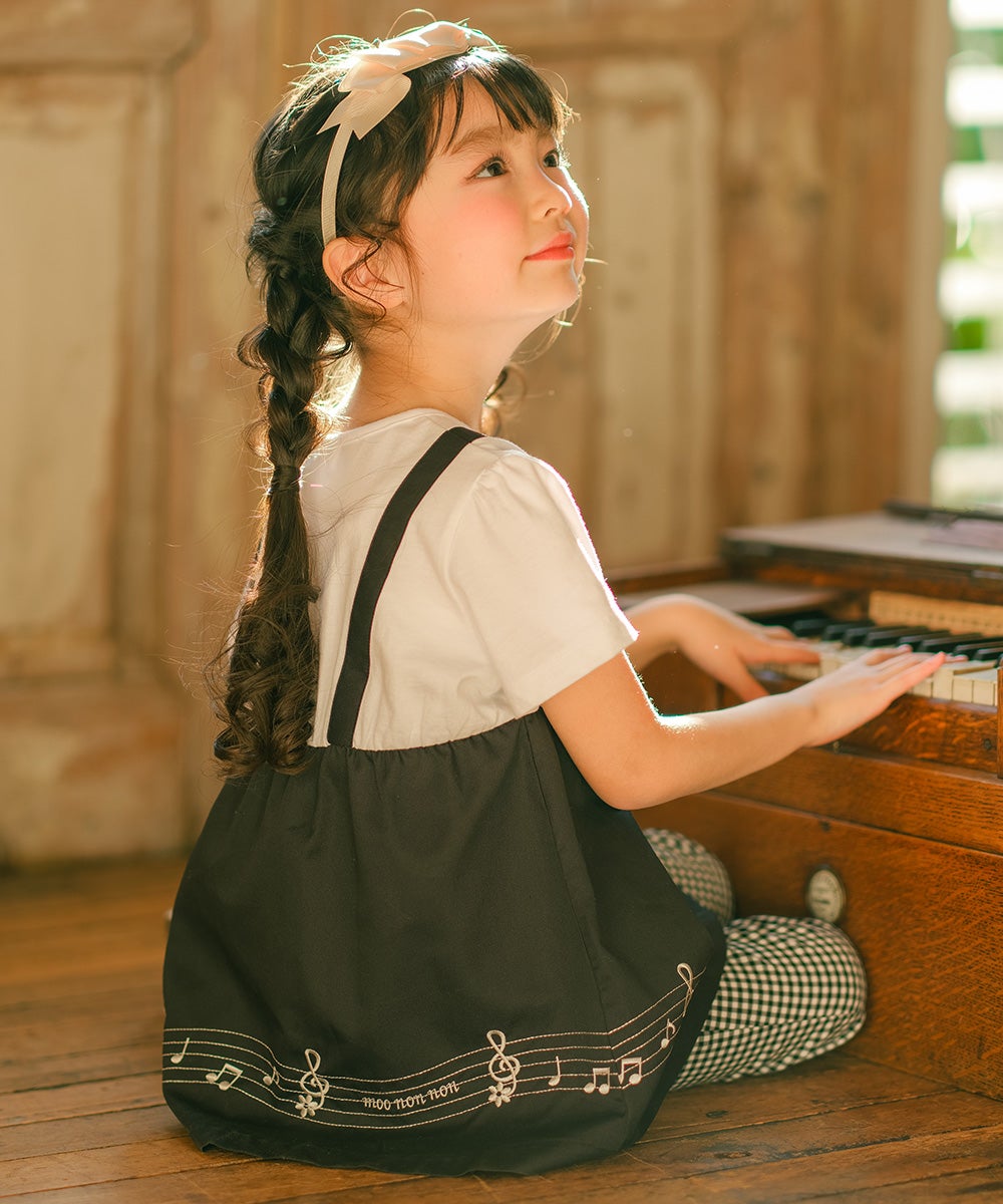 ベビー服 女の子 子ども服 こども服 キッズ 音符 ブランドロゴ 刺繍 重ね着風 ティーシャツ ブラック(00) モデル画像アップ