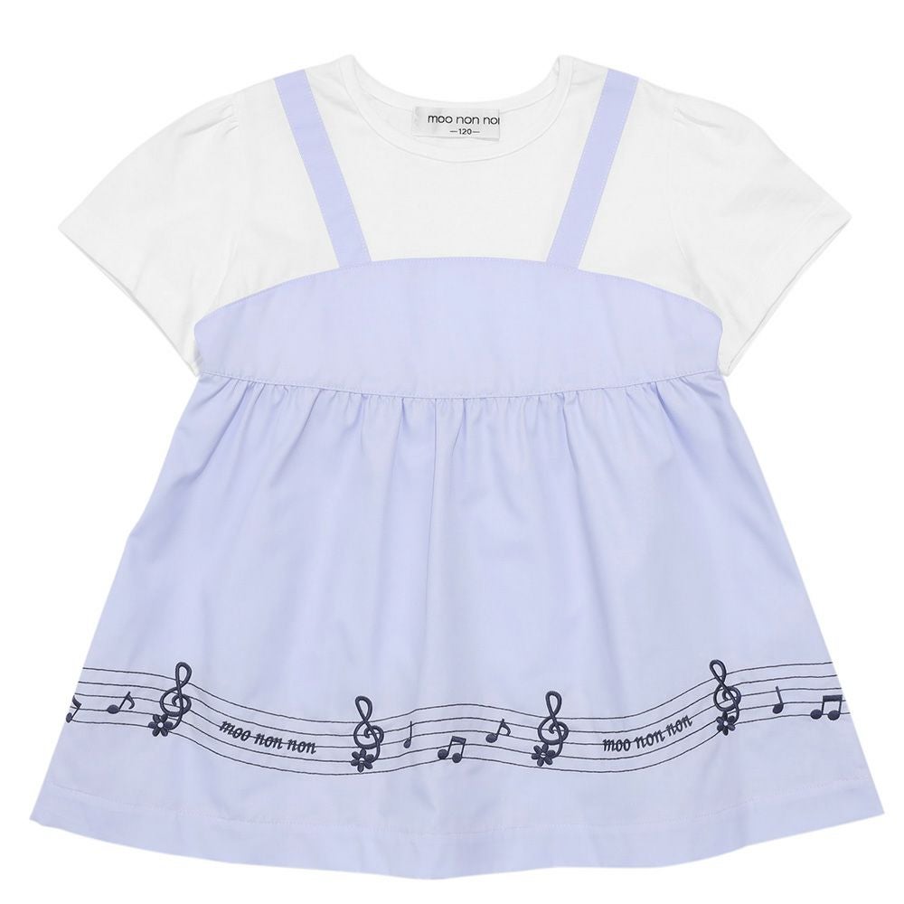 ベビー服 女の子 音符＆ブランドロゴ刺繍 重ね着風Tシャツ ブルー(61) 正面