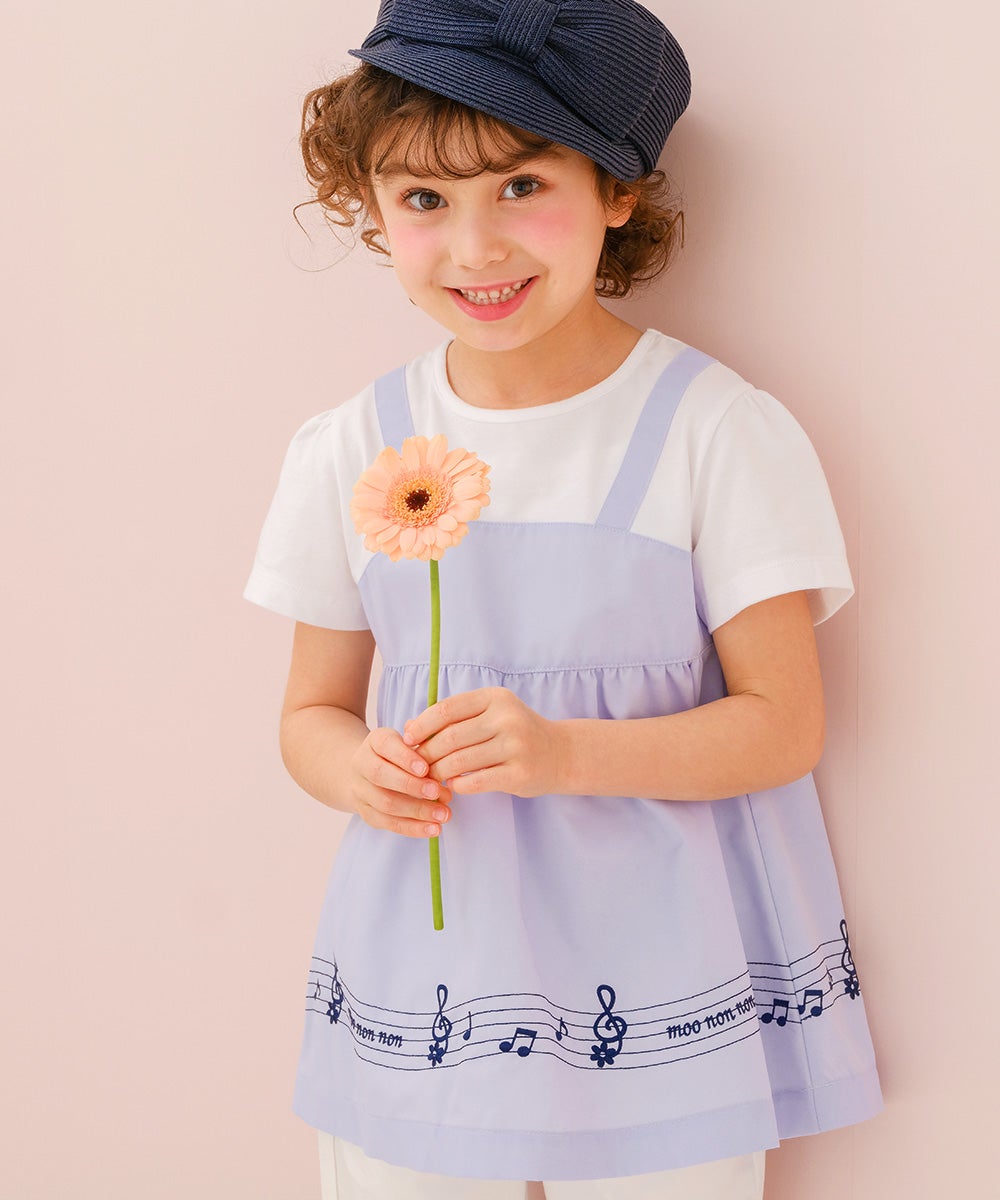 ベビー服 女の子 子ども服 こども服 キッズ 音符 ブランドロゴ 刺繍 重ね着風 ティーシャツ ブルー(61) モデル画像アップ