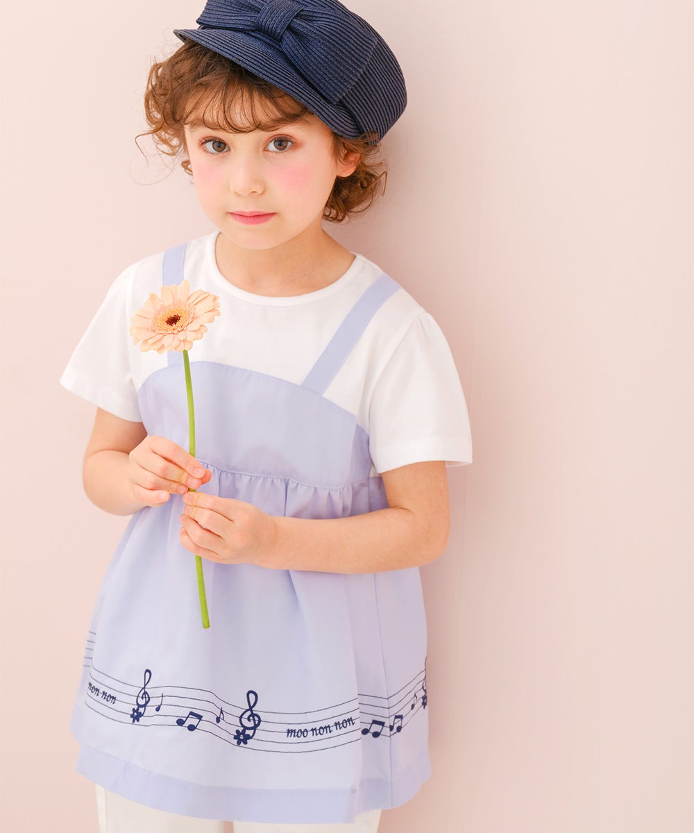 ベビー服 女の子 子ども服 こども服 キッズ 音符 ブランドロゴ 刺繍 重ね着風 ティーシャツ ブルー(61) モデル画像1