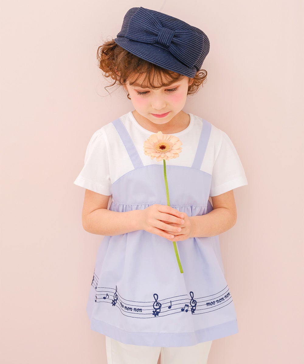ベビー服 女の子 子ども服 こども服 キッズ 音符 ブランドロゴ 刺繍 重ね着風 ティーシャツ ブルー(61) モデル画像3