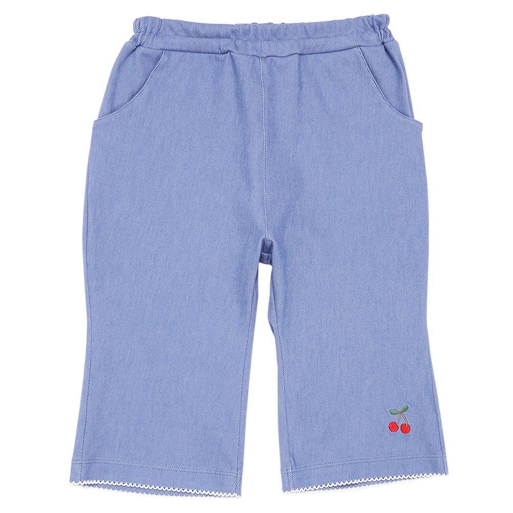 ベビー服 女の子 デニムツイルニット チェリー刺繍 ブーツカットパンツ ブルー(61) 正面