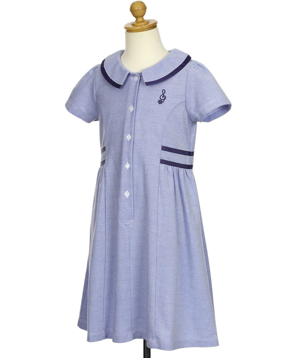 子供服 女の子 ストライプ柄 襟付き ギャザーワンピース ブルー(61) トルソー斜め