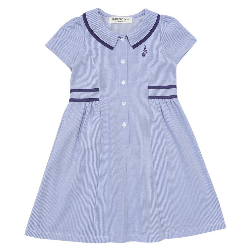 子供服 女の子 ストライプ柄 襟付き ギャザーワンピース ブルー(61) 正面