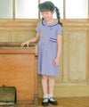 子供服 女の子 ストライプ柄 襟付き ギャザーワンピース ブルー(61) モデル画像全身