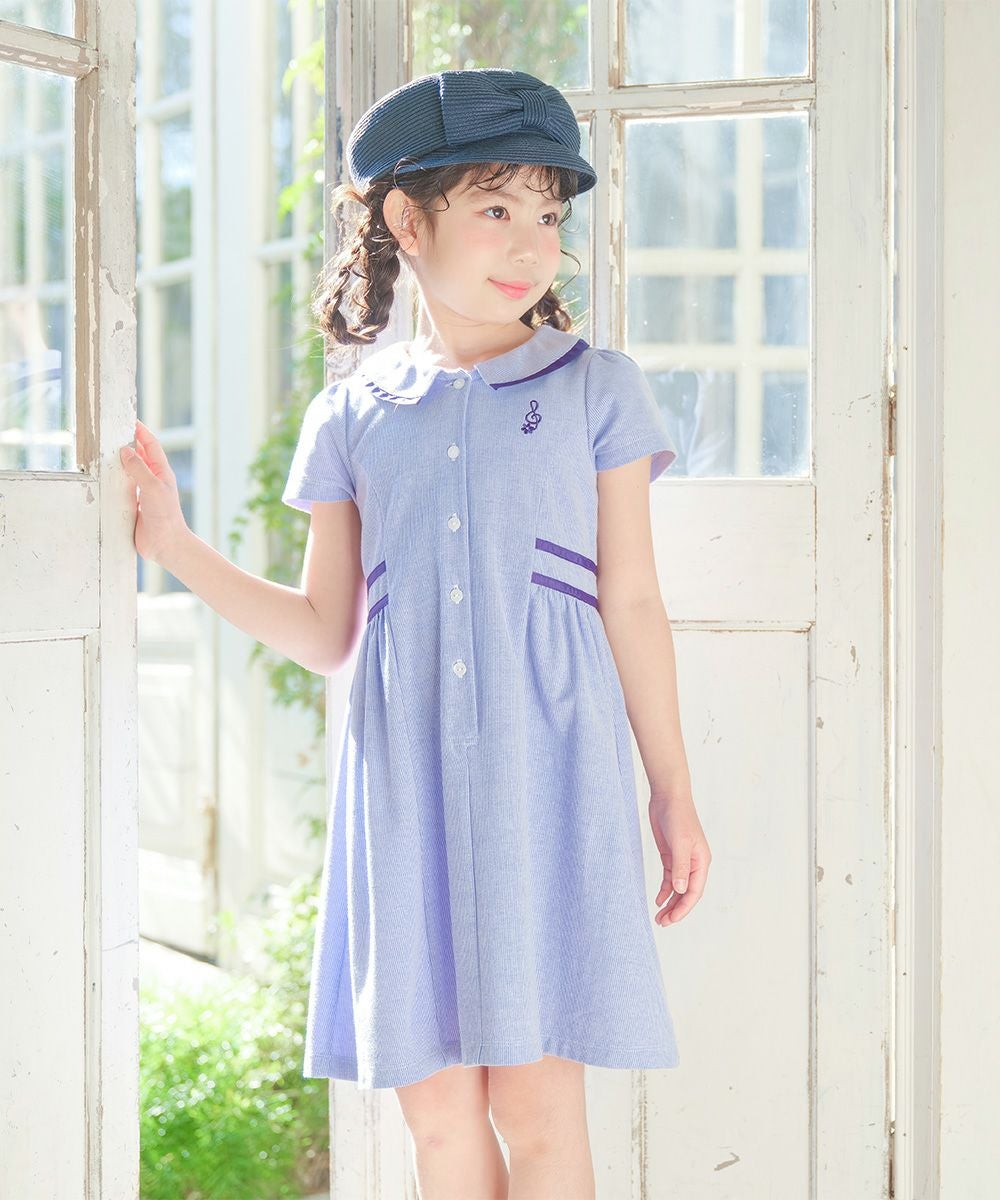 子供服 女の子 ストライプ柄 襟付き ギャザーワンピース ブルー(61) モデル画像1