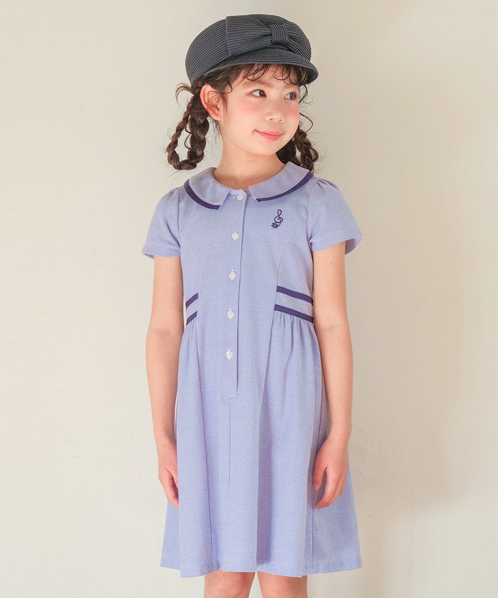 子供服 女の子 ストライプ柄 襟付き ギャザーワンピース ブルー(61) モデル画像2