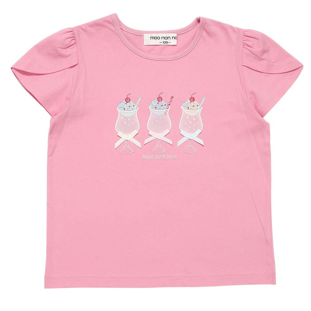ベビー服 女の子 綿100％ クリームソーダ刺繍Tシャツ ピンク(02) 正面