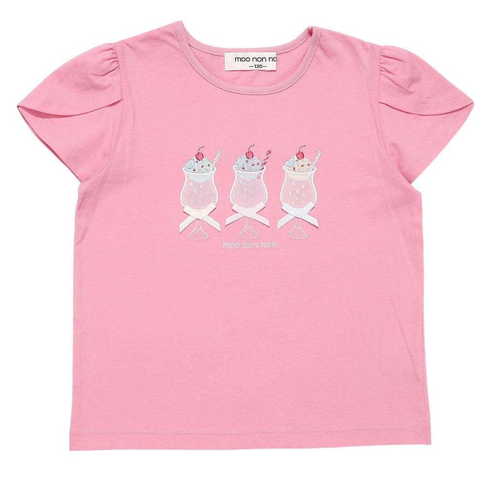 ベビー服 女の子 子ども服 こども服 キッズ 綿100％ クリームソーダ 刺繍 リボン チューリップ袖 ピンク(02) 正面