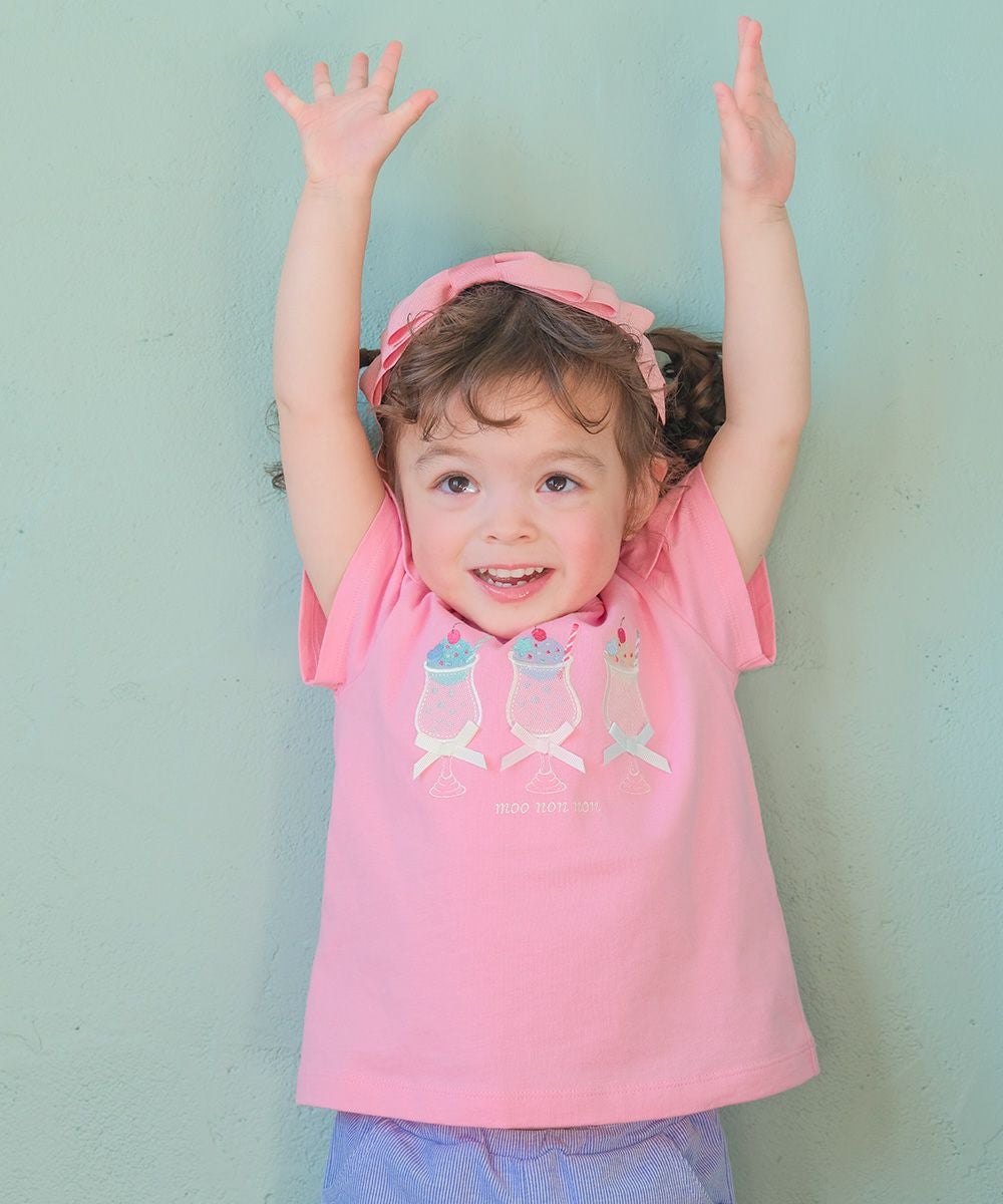 ベビー服 女の子 綿100％ クリームソーダ刺繍Tシャツ ピンク(02) モデル画像1