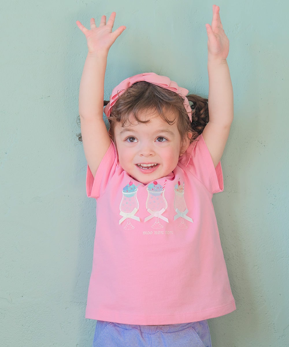 ベビー服 女の子 子ども服 こども服 キッズ 綿100％ クリームソーダ 刺繍 リボン チューリップ袖 ピンク(02) モデル画像1