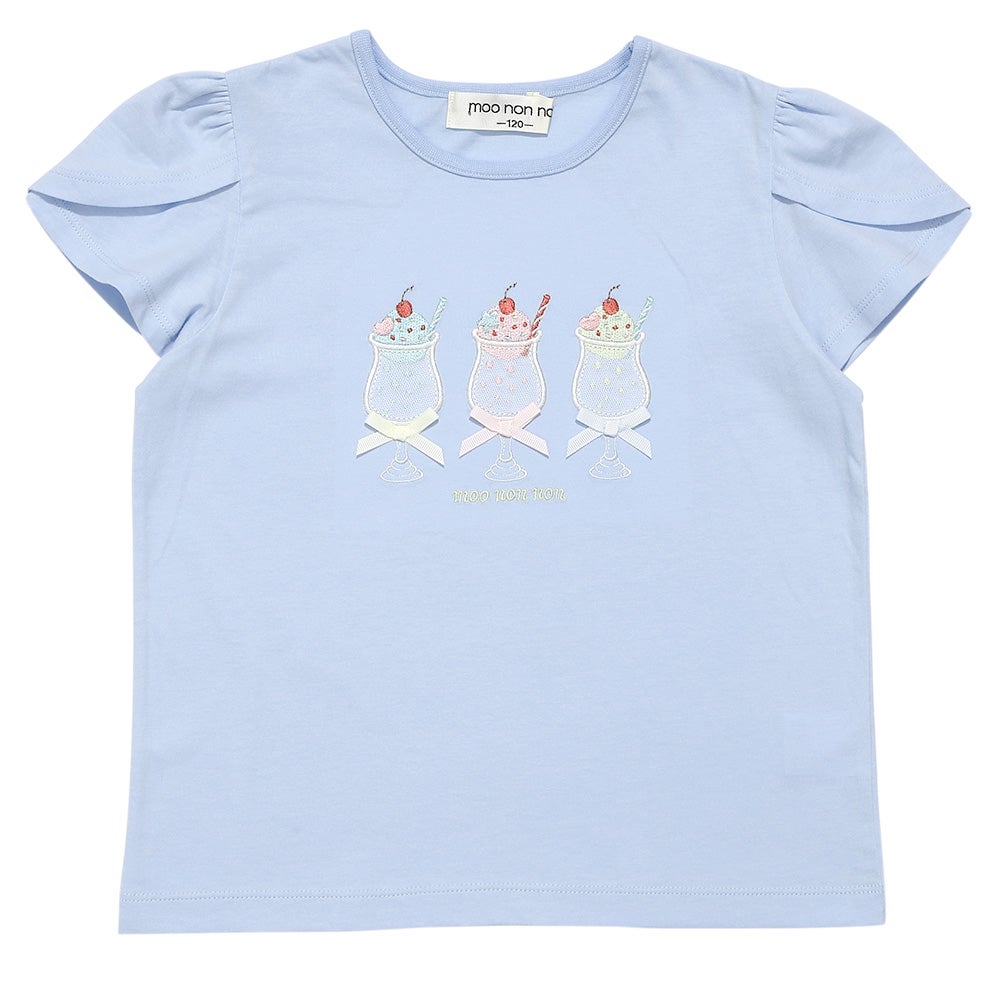 ベビー服 女の子 子ども服 こども服 キッズ 綿100％ クリームソーダ 刺繍 リボン チューリップ袖 ブルー(61) 正面