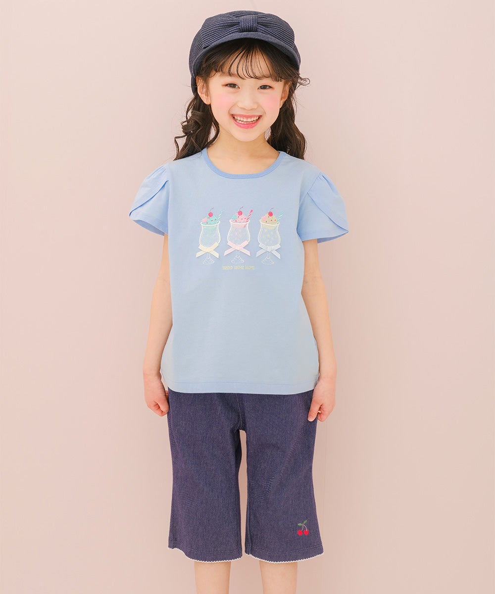 ベビー服 女の子 子ども服 こども服 キッズ 綿100％ クリームソーダ 刺繍 リボン チューリップ袖 ブルー(61) モデル画像全身