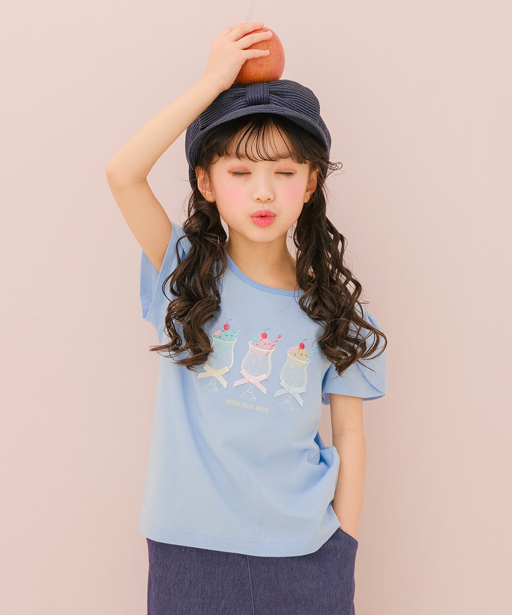 ベビー服 女の子 子ども服 こども服 キッズ 綿100％ クリームソーダ 刺繍 リボン チューリップ袖 ブルー(61) モデル画像1