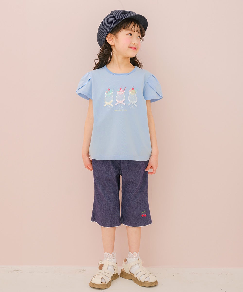 ベビー服 女の子 子ども服 こども服 キッズ 綿100％ クリームソーダ 刺繍 リボン チューリップ袖 ブルー(61) モデル画像2