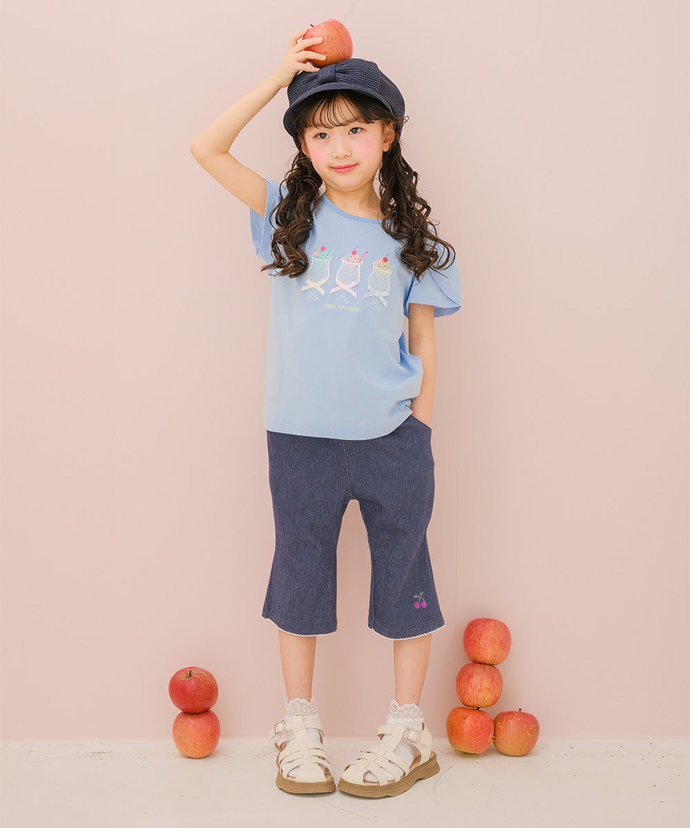 ベビー服 女の子 子ども服 こども服 キッズ 綿100％ クリームソーダ 刺繍 リボン チューリップ袖 ブルー(61) モデル画像3