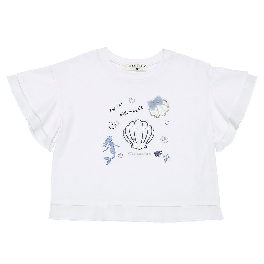 子供服 女の子 貝殻＆マーメイド刺繍 シフォン切り替えショート丈Tシャツ オフホワイト(11) 正面