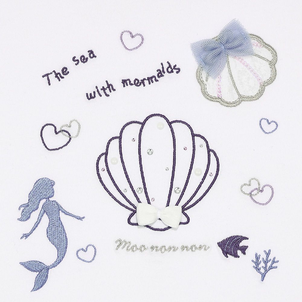 子供服 女の子 貝殻＆マーメイド刺繍 シフォン切り替えショート丈Tシャツ オフホワイト(11) デザインポイント1