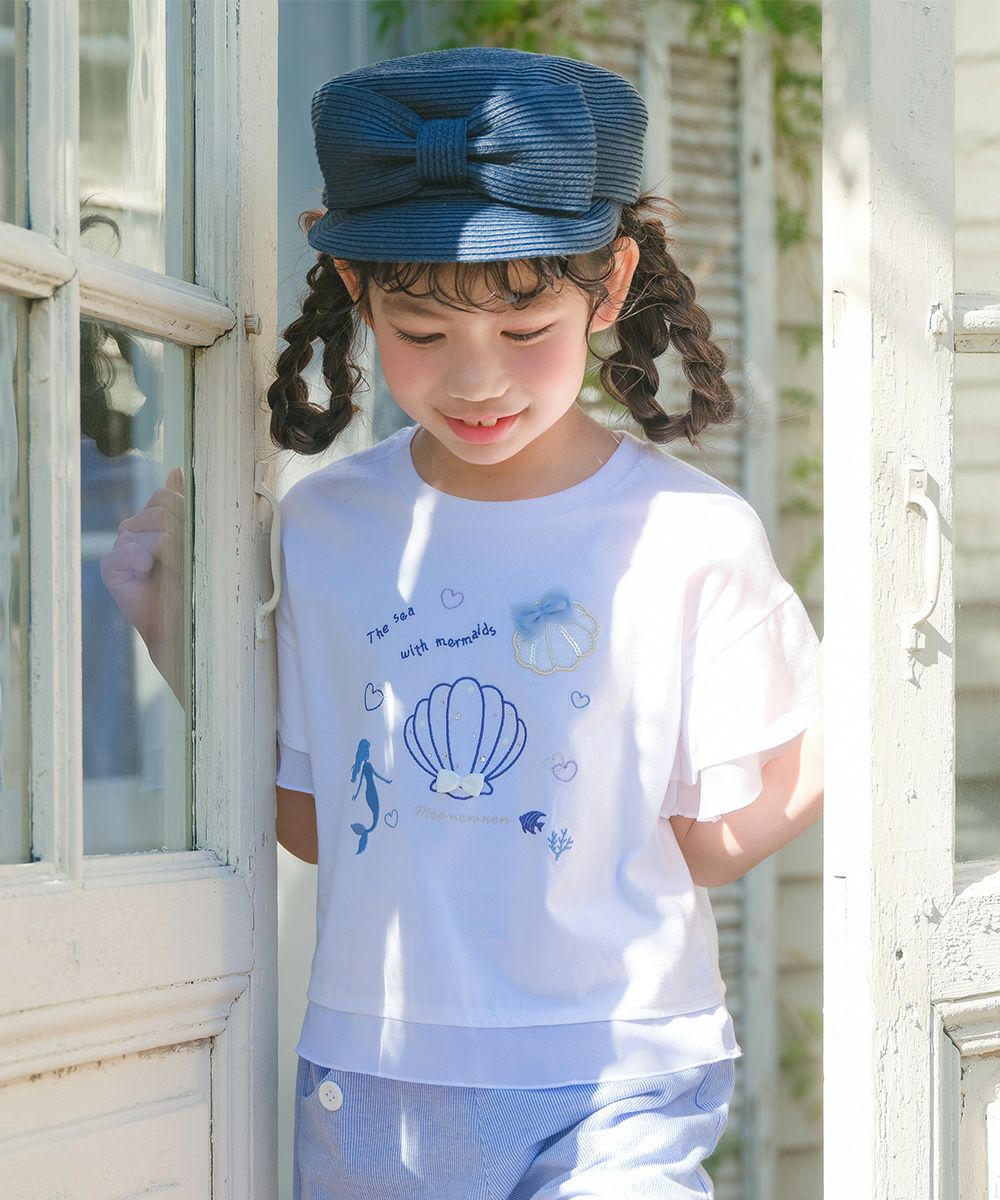 子供服 女の子 貝殻＆マーメイド刺繍 シフォン切り替えショート丈Tシャツ オフホワイト(11) モデル画像1