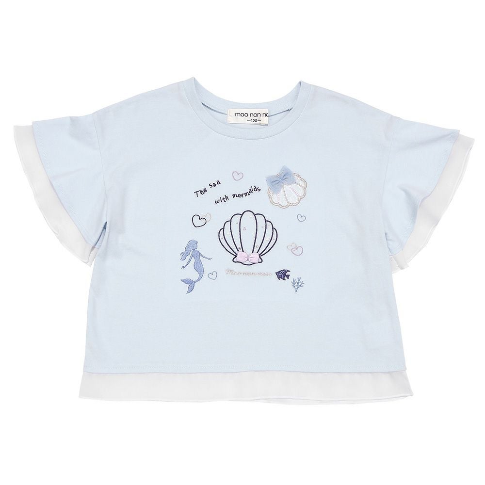 子供服 女の子 貝殻＆マーメイド刺繍 シフォン切り替えショート丈Tシャツ ブルー(61) 正面