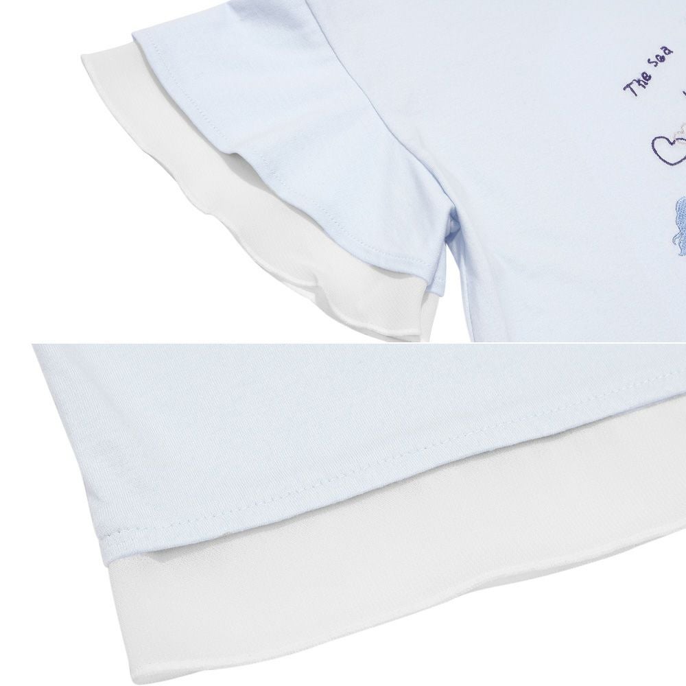 子供服 女の子 貝殻＆マーメイド刺繍 シフォン切り替えショート丈Tシャツ ブルー(61) デザインポイント2