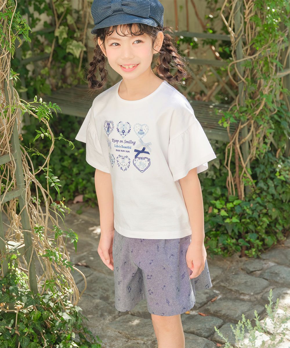 子供服 女の子 オリジナル音符プリント ダンガリーキュロットパンツ ネイビー(06) モデル画像全身