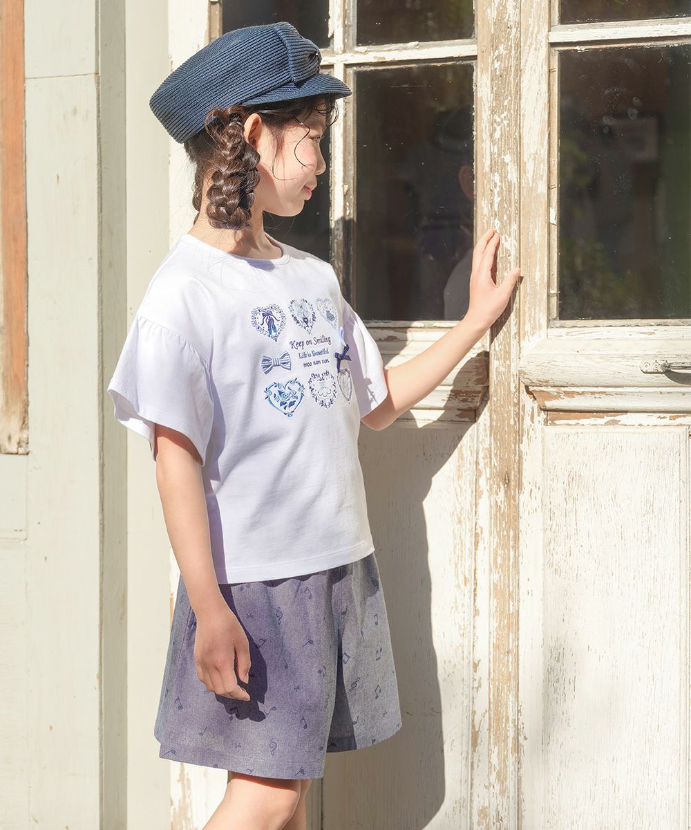 子供服 女の子 オリジナル音符プリント ダンガリーキュロットパンツ ネイビー(06) モデル画像1