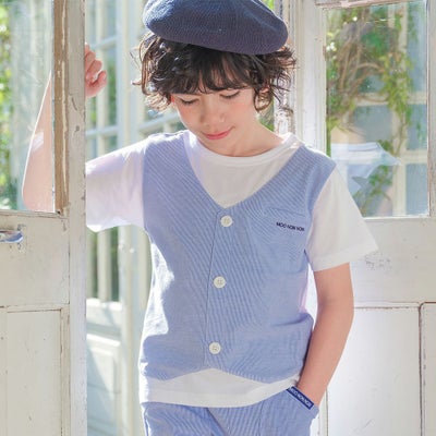 ベビー服 男の子 ストライプ柄ベスト切り替え 重ね着風Tシャツ
