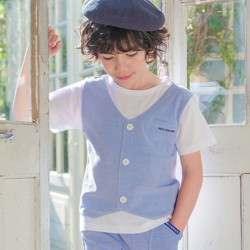ベビー服 男の子 ストライプ柄ベスト切り替え 重ね着風Tシャツ
