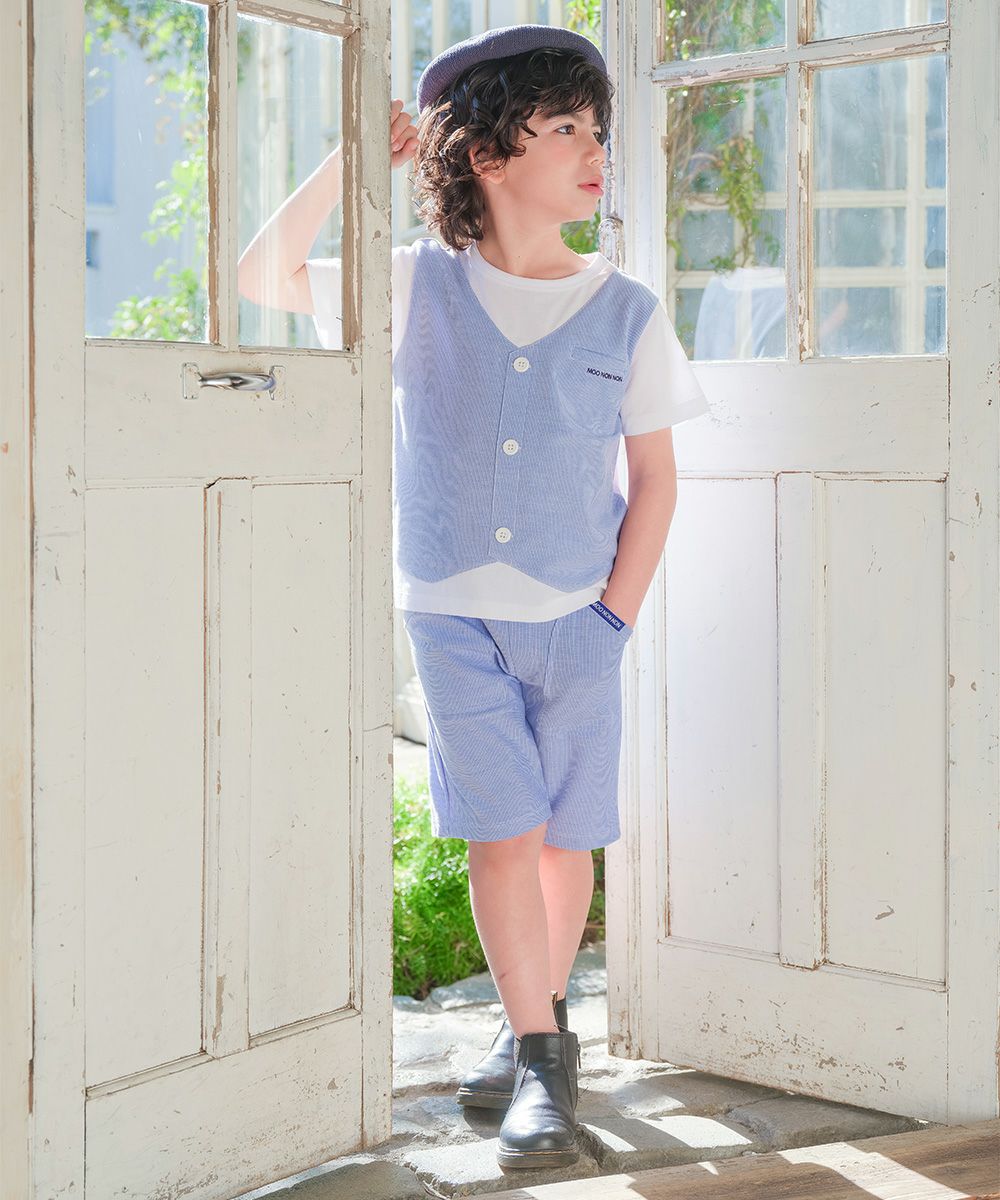 ベビー服 男の子 ストライプ柄ベスト切り替え 重ね着風Tシャツ ブルー(61) モデル画像全身