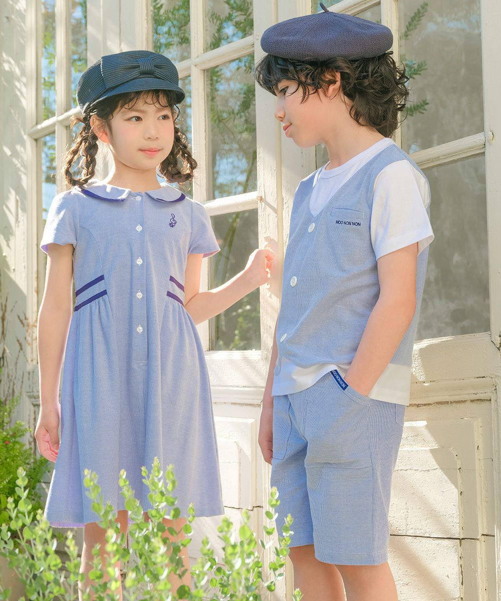 ベビー服 男の子 ストライプ柄ベスト切り替え 重ね着風Tシャツ ブルー(61) モデル画像2