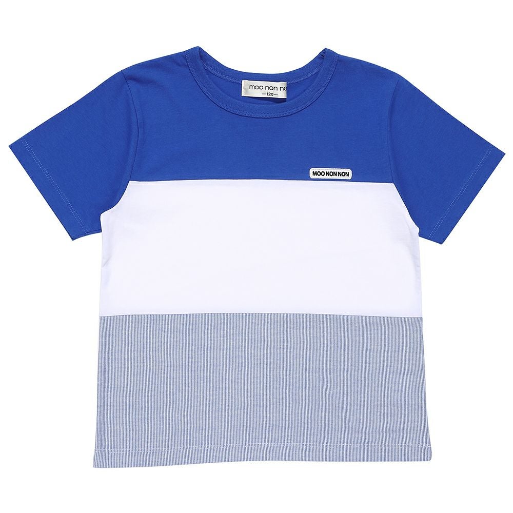 ベビー服 男の子 ロゴ刺繍ワッペンつき 切り替えTシャツ ブルー(61) 正面
