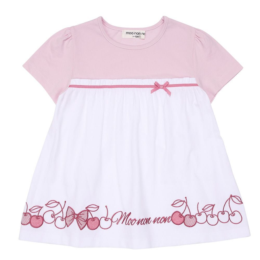 ベビー服 女の子 綿100％ チェリー リボン ロゴ刺繍 チュニックTシャツ ピンク(02) 正面