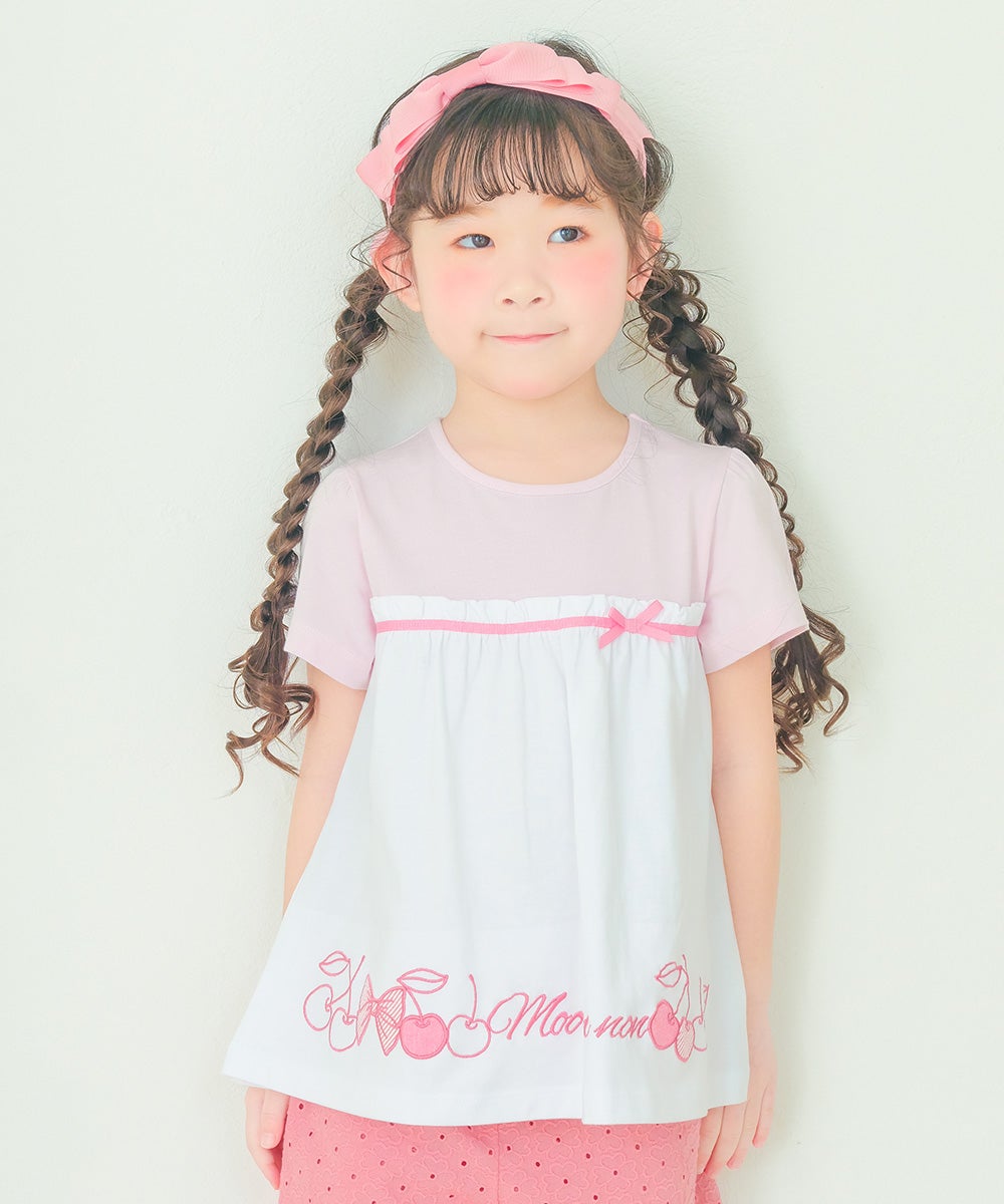 ベビー服 女の子 綿100％ チェリー リボン ロゴ刺繍 チュニックTシャツ ピンク(02) 