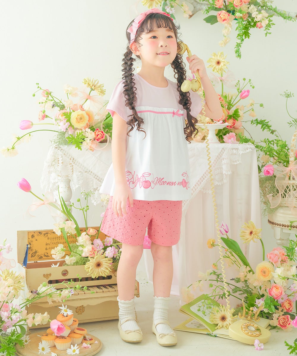 ベビー服 女の子 綿100％ チェリー リボン ロゴ刺繍 チュニックTシャツ ピンク(02) 
