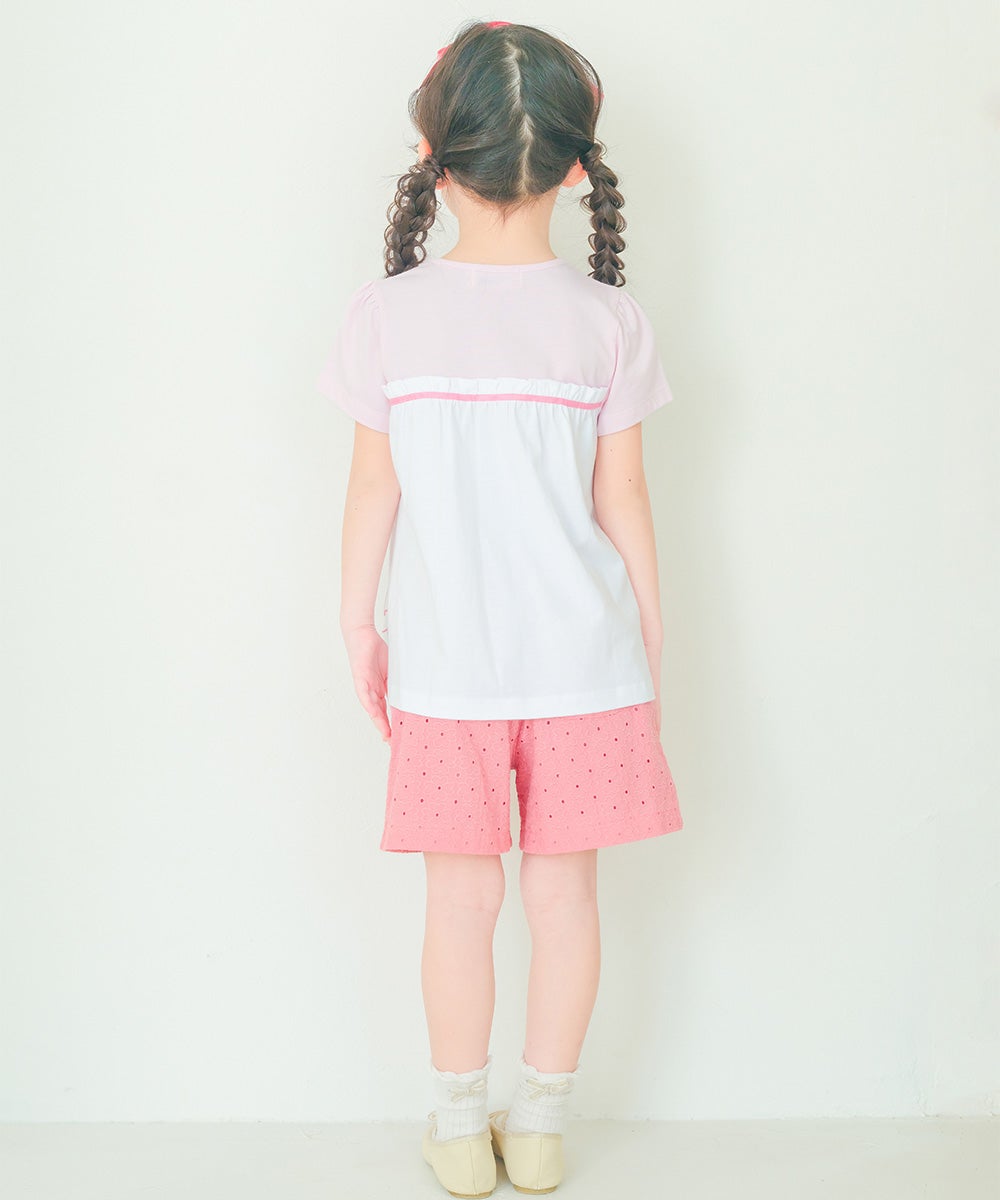 ベビー服 女の子 綿100％ チェリー リボン ロゴ刺繍 チュニックTシャツ ピンク(02) 