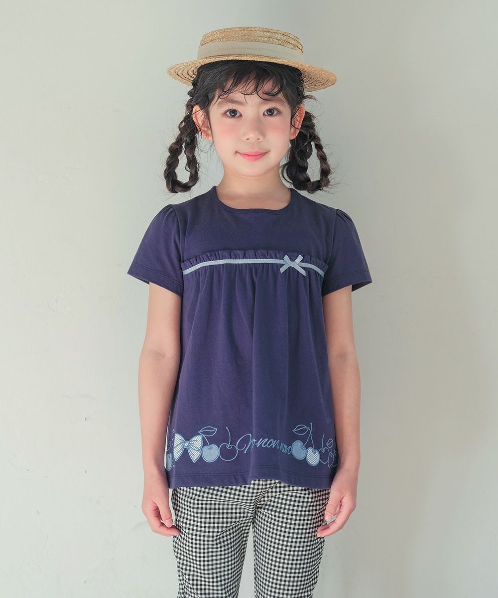 ベビー服 女の子 綿100％ チェリー リボン ロゴ刺繍 チュニックTシャツ ネイビー(06) モデル画像2