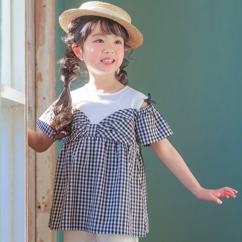 子供服 女の子 ギンガムチェック柄 リボンつき肩あきTシャツ