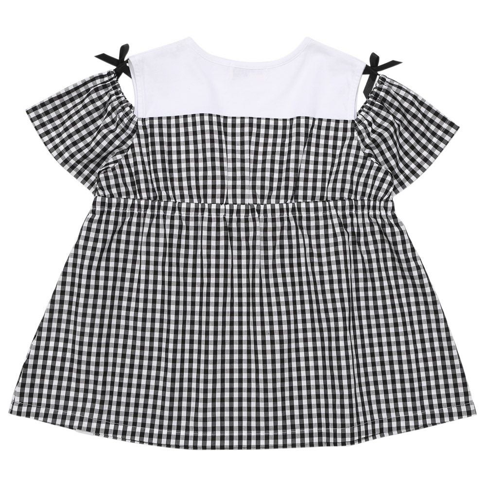 子供服 女の子 ギンガムチェック柄 リボンつき肩あきTシャツ ブラック(00) 背面