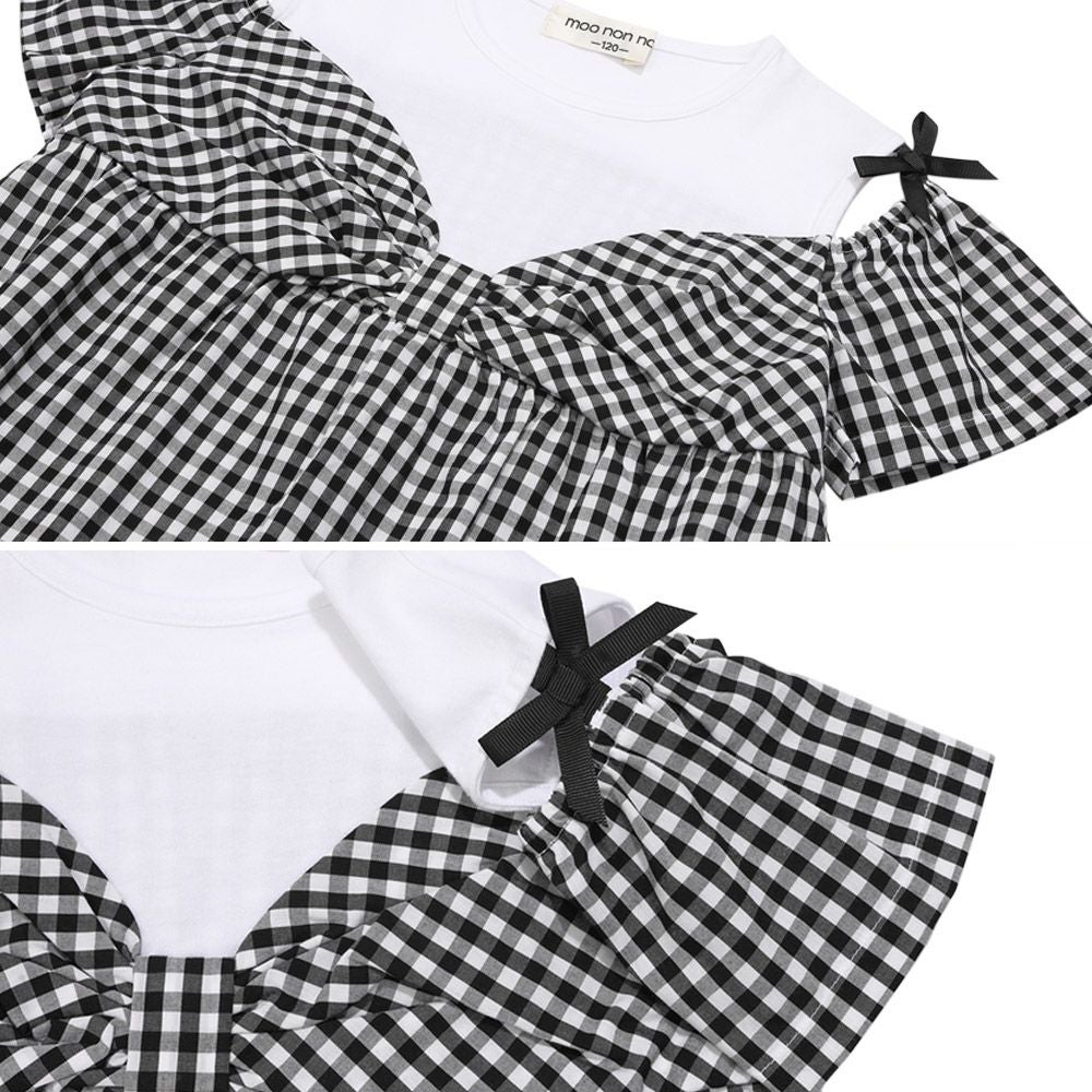 子供服 女の子 ギンガムチェック柄 リボンつき肩あきTシャツ ブラック(00) デザインポイント1