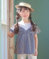 子供服 女の子 ギンガムチェック柄 リボンつき肩あきTシャツ ブラック(00) モデル画像アップ