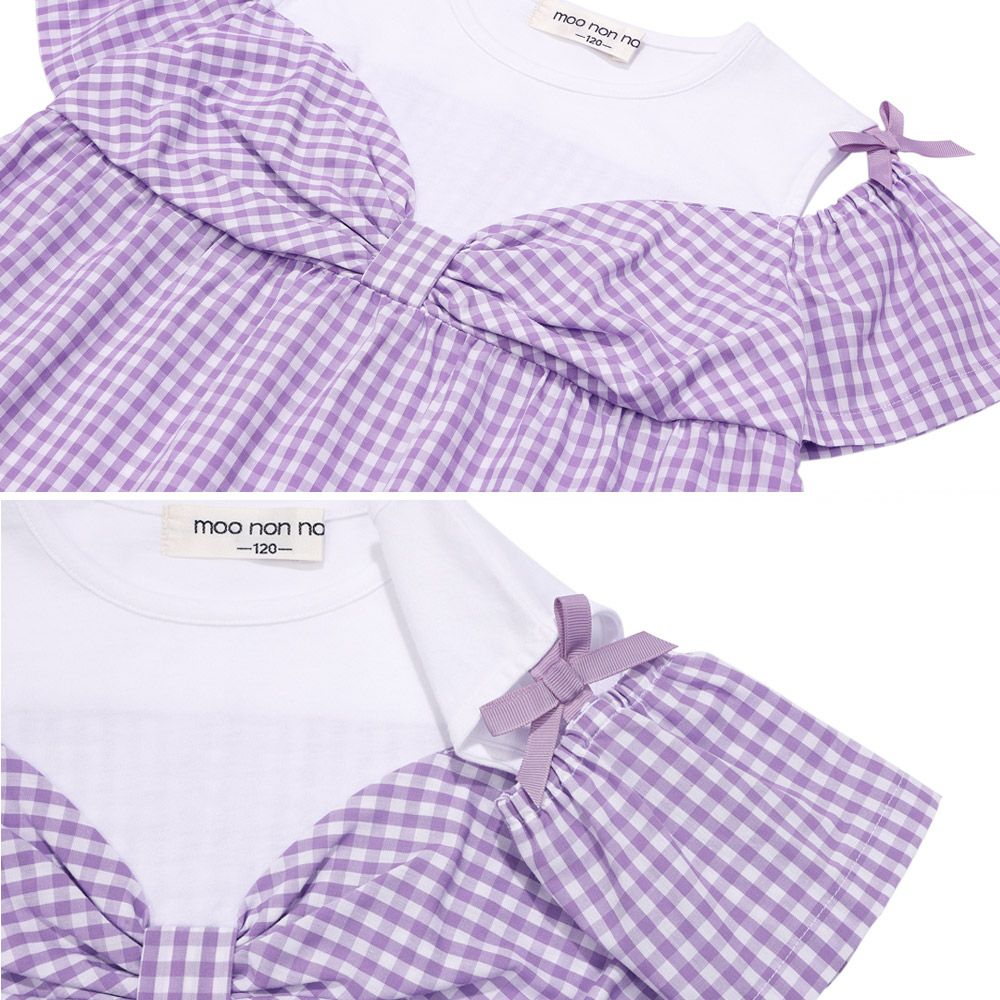 子供服 女の子 ギンガムチェック柄 リボンつき肩あきTシャツ パープル(91) デザインポイント1