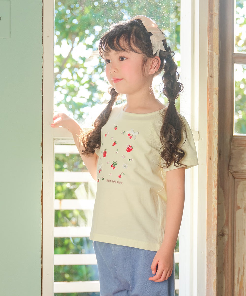 ベビー服 女の子 子ども服 こども服 こども キッズ 綿100％ リボン りんご イチゴ チェリー 刺繍 イエロー(04) モデル画像2