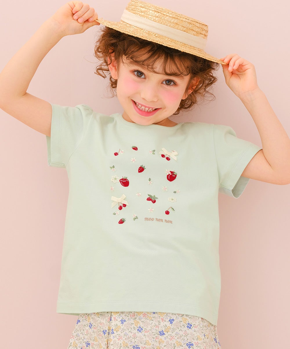 ベビー服 女の子 子ども服 こども服 こども キッズ 綿100％ リボン りんご イチゴ チェリー 刺繍 グリーン(08) モデル画像1