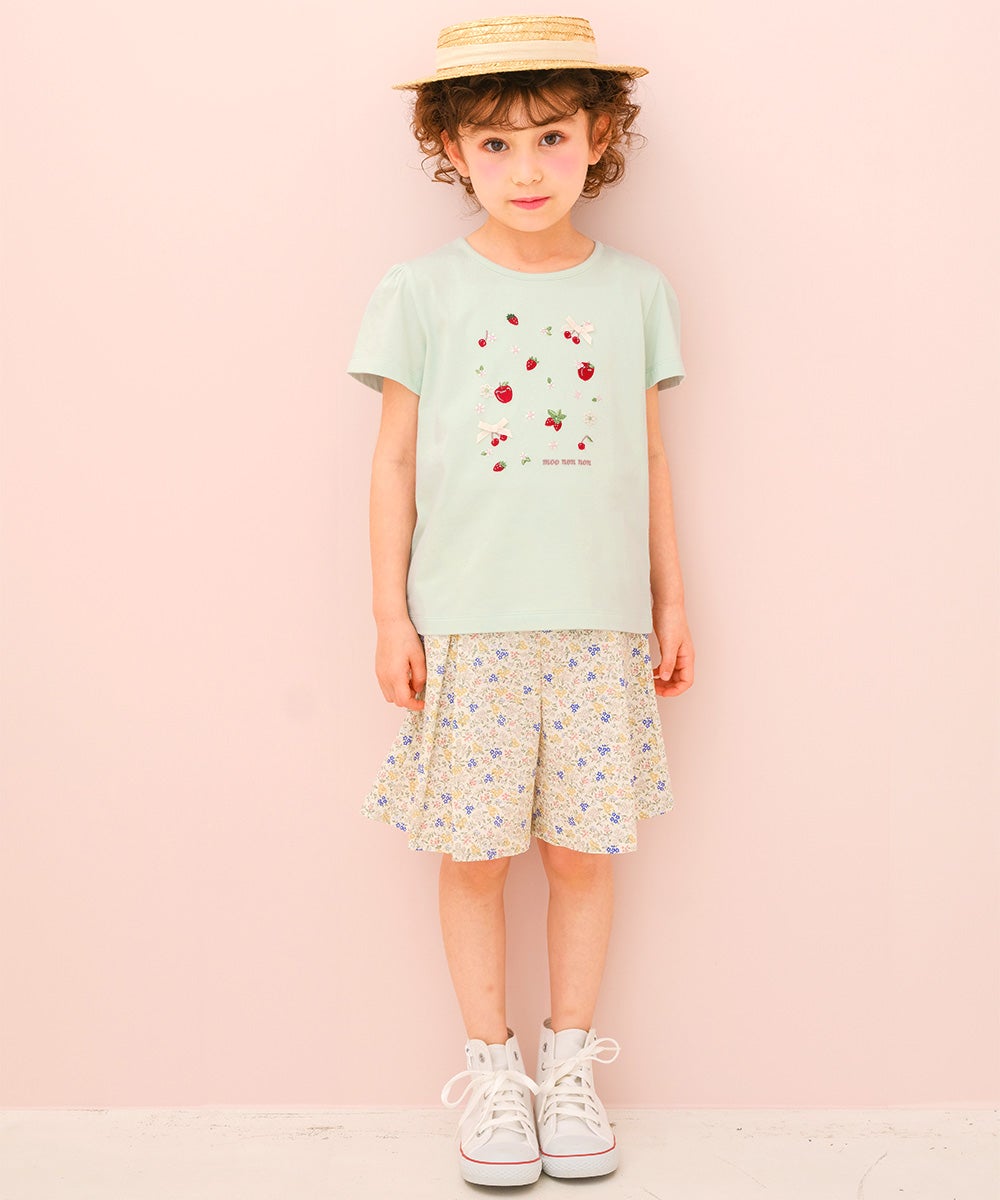 ベビー服 女の子 子ども服 こども服 こども キッズ 綿100％ リボン りんご イチゴ チェリー 刺繍 グリーン(08) モデル画像2