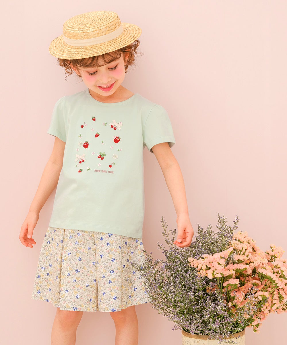 ベビー服 女の子 子ども服 こども服 こども キッズ 綿100％ リボン りんご イチゴ チェリー 刺繍 グリーン(08) モデル画像3