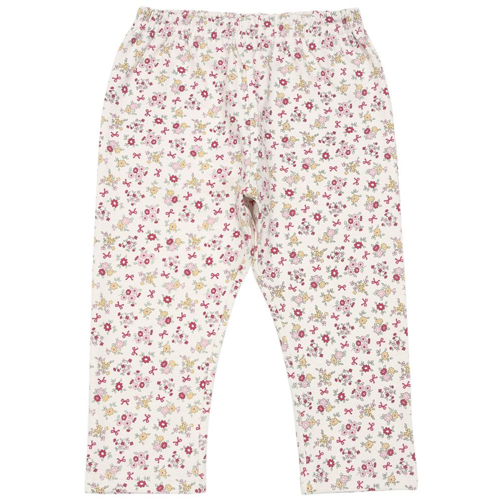 ベビー服 女の子 オーガニックコットン 花柄 7分丈 レギンスパンツ ピンク(02) 正面